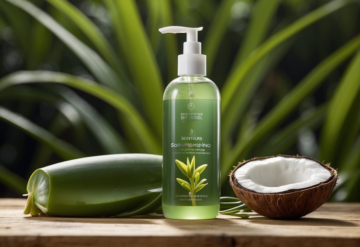 A bottle of hair strengthening shampoo surrounded by natural ingredients like aloe vera, coconut, and argan oil, with a background of lush greenery and flowing water