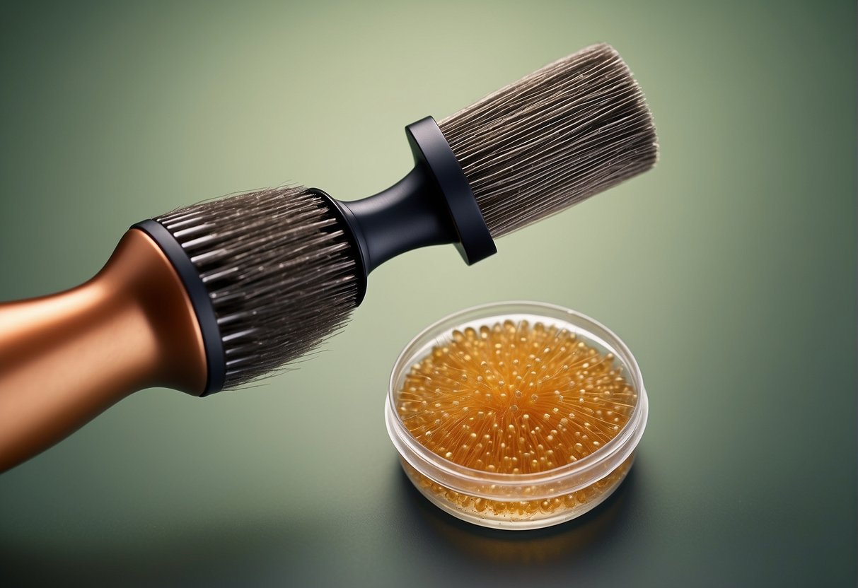 A bottle of hair treatment sits next to a hairbrush and a strand of hair. A diagram shows the structure of a hair follicle