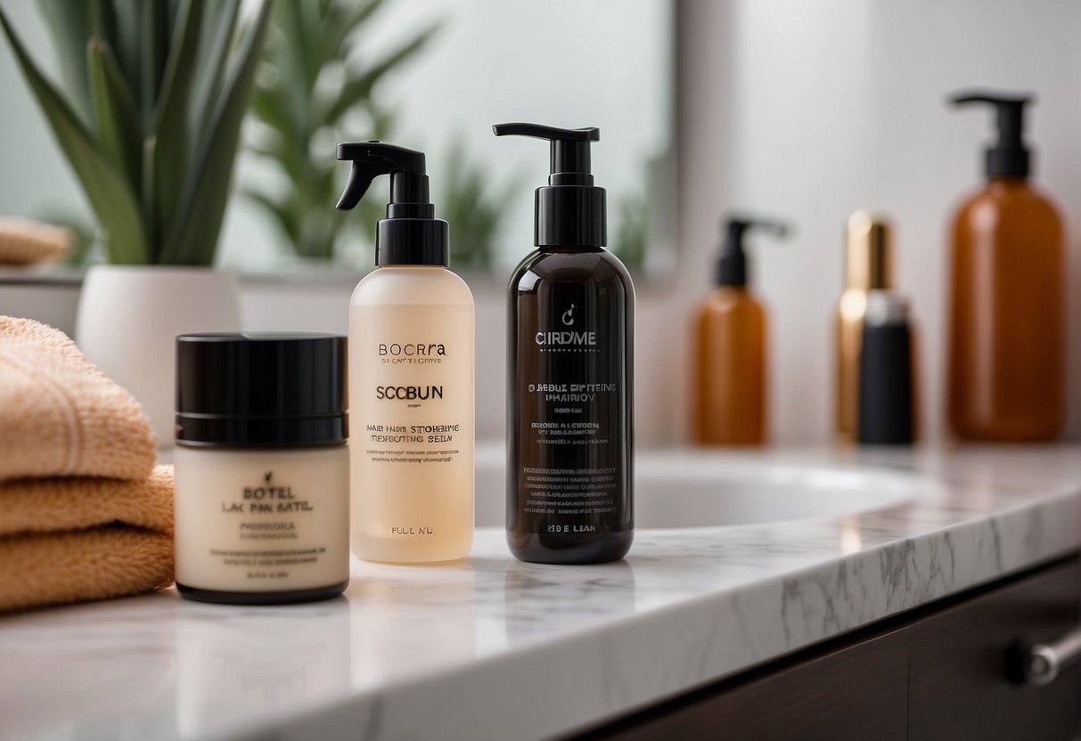 A bottle of hair strengthening serum surrounded by various hair care products on a bathroom counter