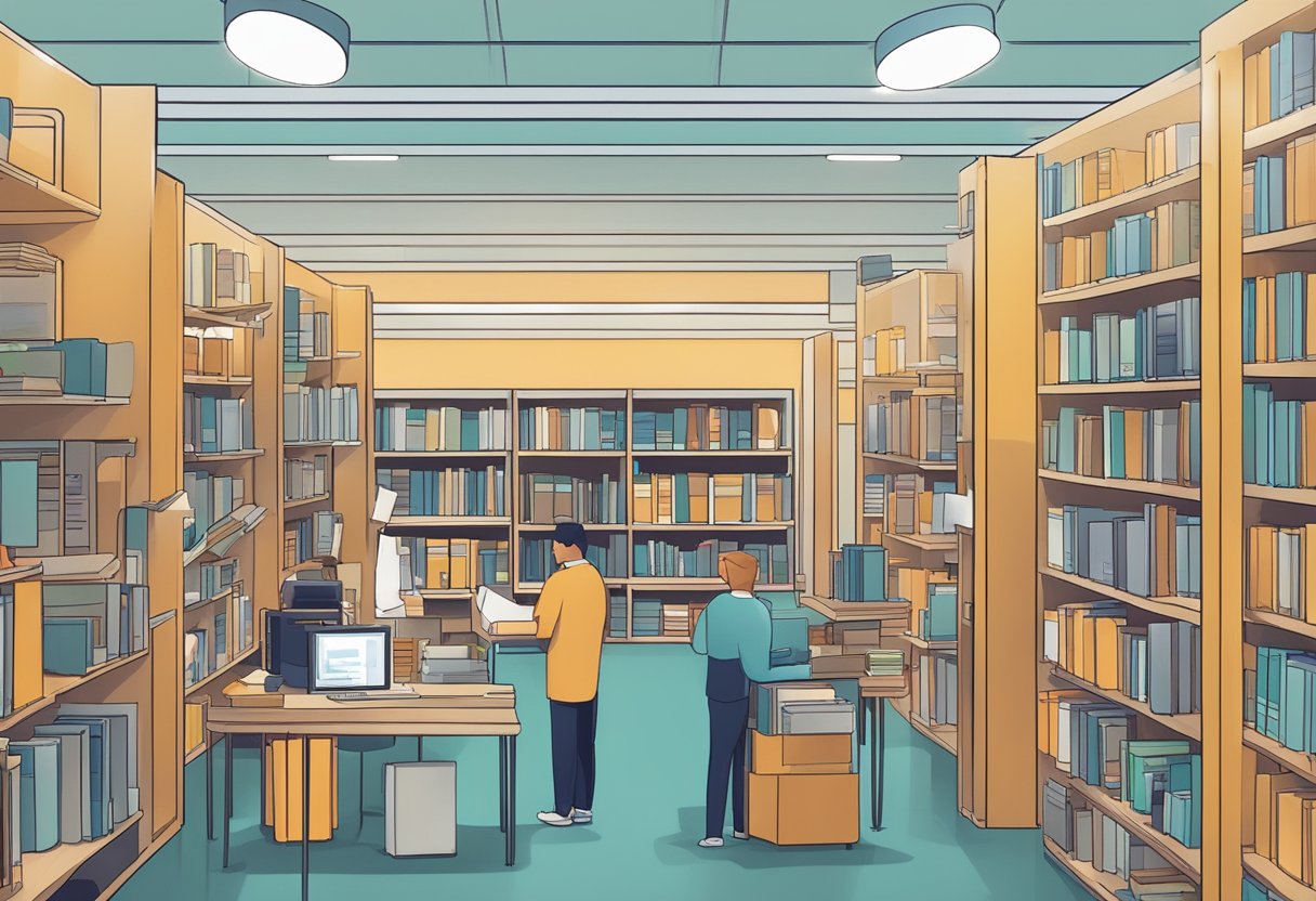 A library scene with AI tools organizing books, scanning barcodes, and assisting patrons with research tasks