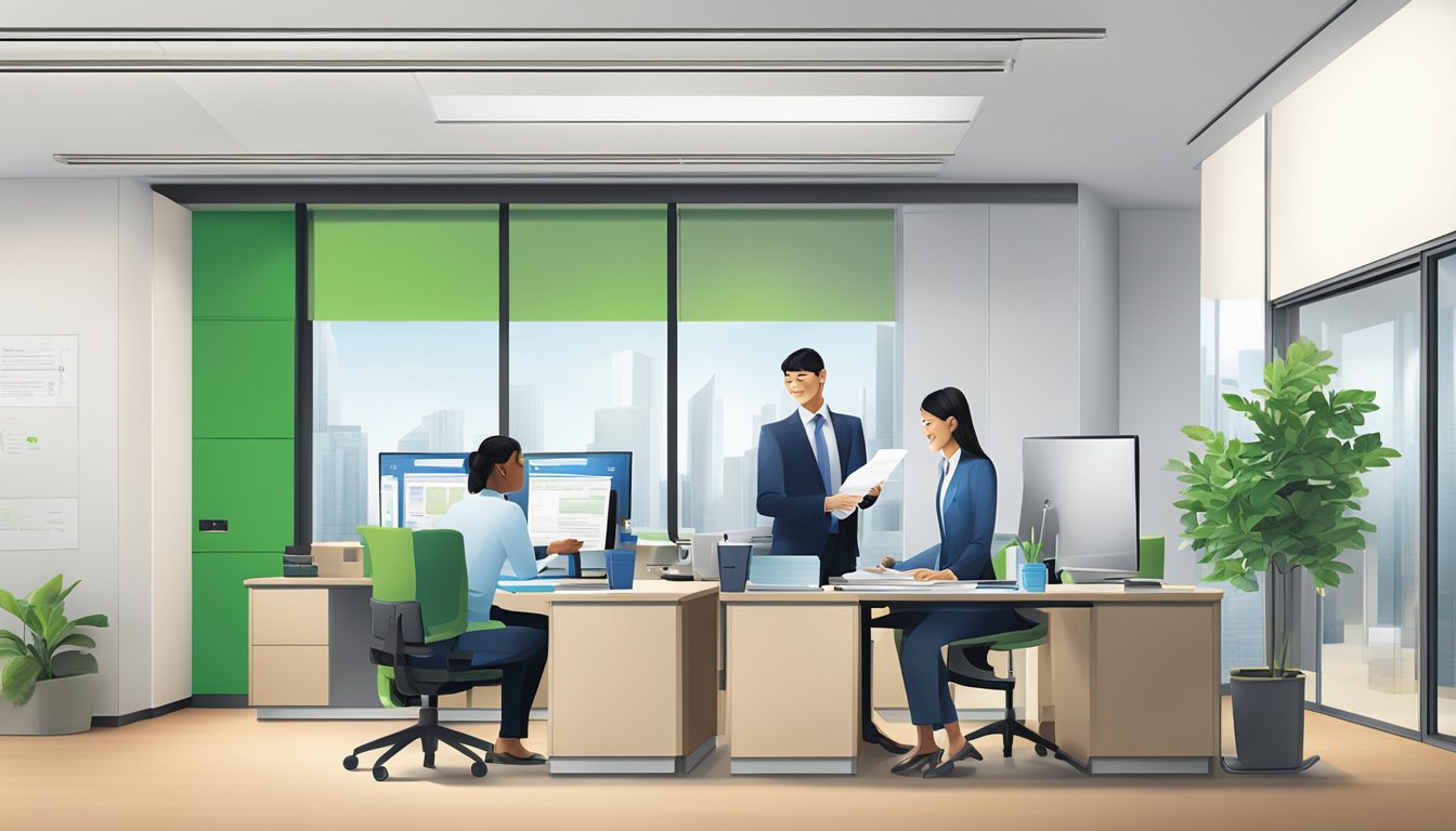 A modern office setting with the Standard Chartered Bank logo prominently displayed, a customer service representative assisting a client with mortgage documents