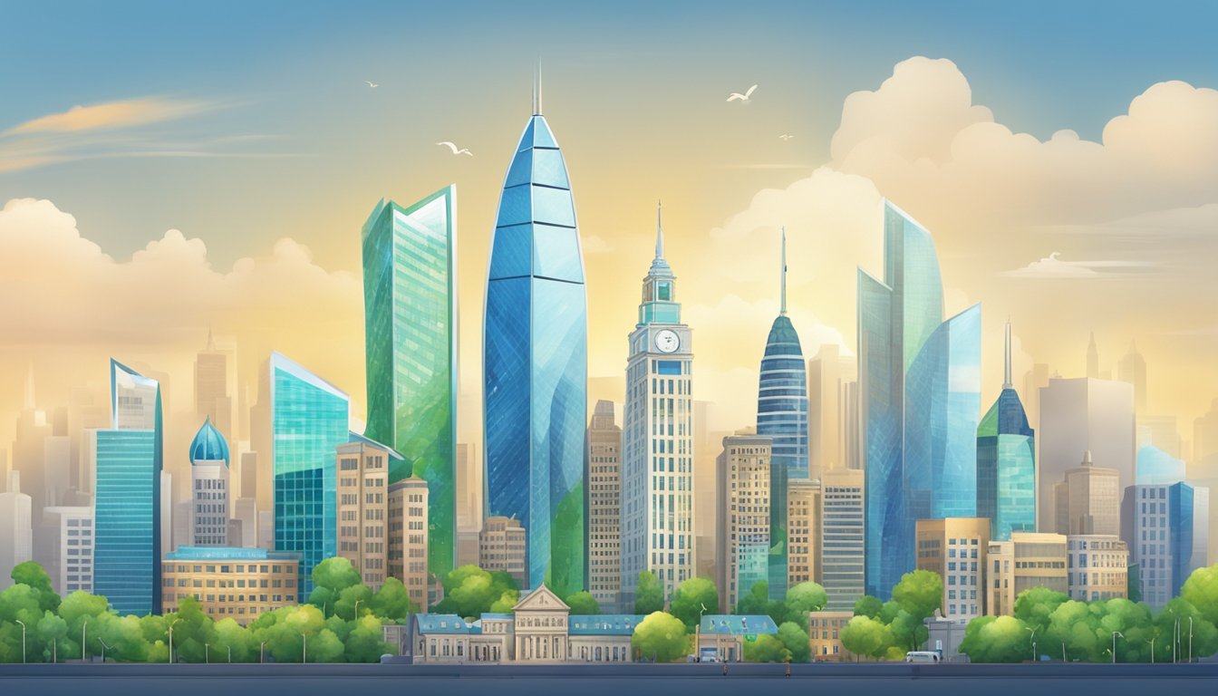 A modern city skyline with a prominent Standard Chartered Bank building, surrounded by symbols of financial stability and growth