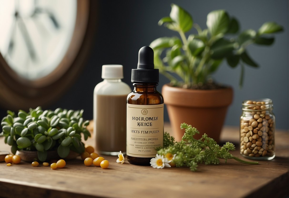 A bottle of hair growth serum sits next to a blooming plant, surrounded by a scattering of vitamins and healthy foods. A clock on the wall shows the passing of time