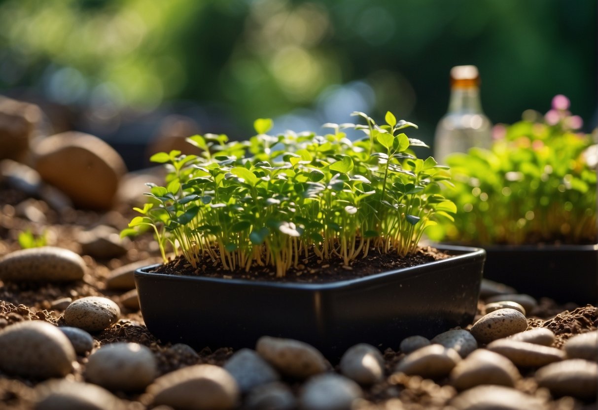 A vibrant garden with nourishing soil and sunlight, surrounded by bottles of hair growth vitamins and a flowing stream of water