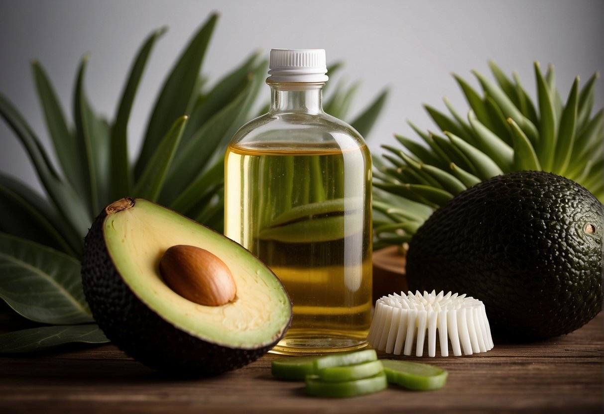 A bottle of hair oil surrounded by various natural ingredients like avocado, coconut, and aloe vera. A hairbrush and a wide-tooth comb are placed next to it