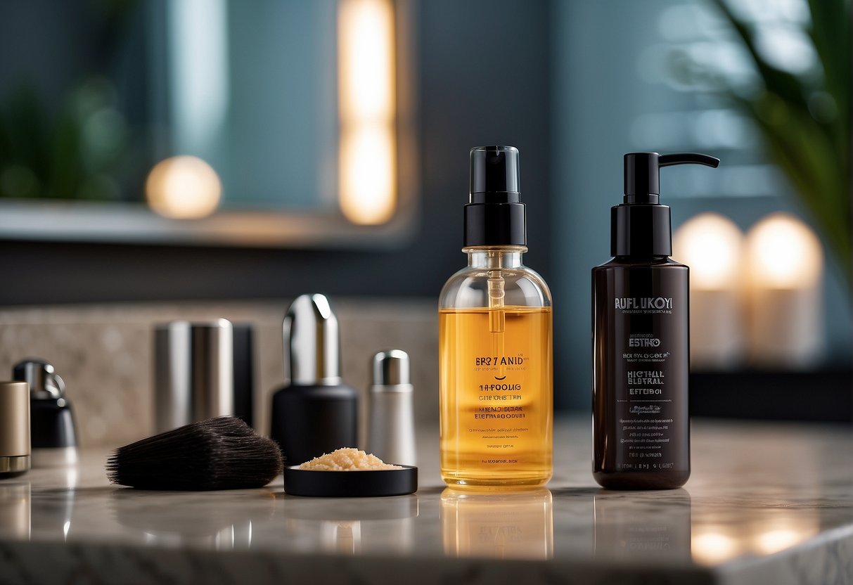 A bottle of hair growth serum surrounded by various hair care products on a bathroom counter