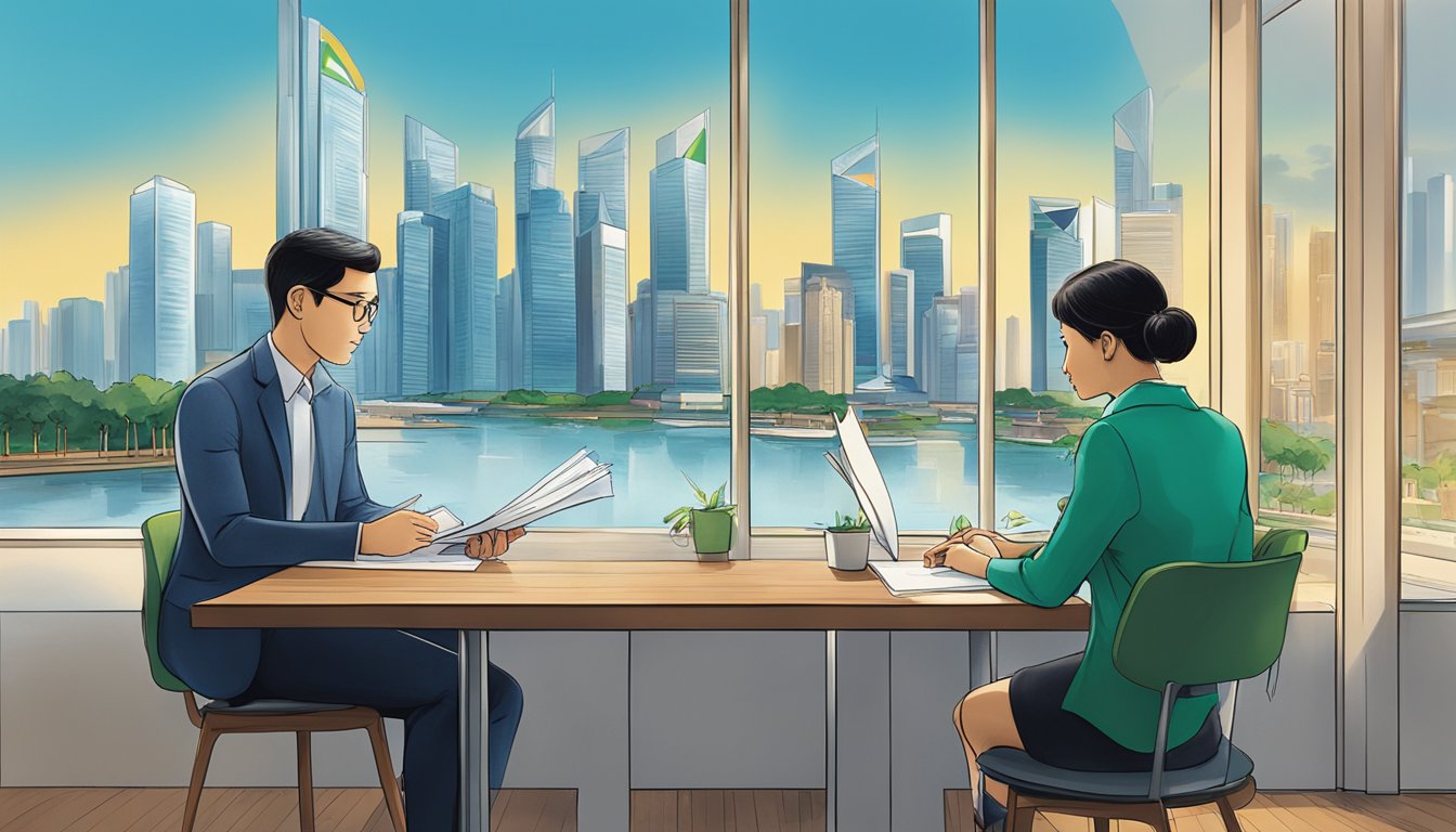A couple sits at a table, reviewing documents with the Standard Chartered Bank logo. Behind them, a city skyline symbolizes Singapore