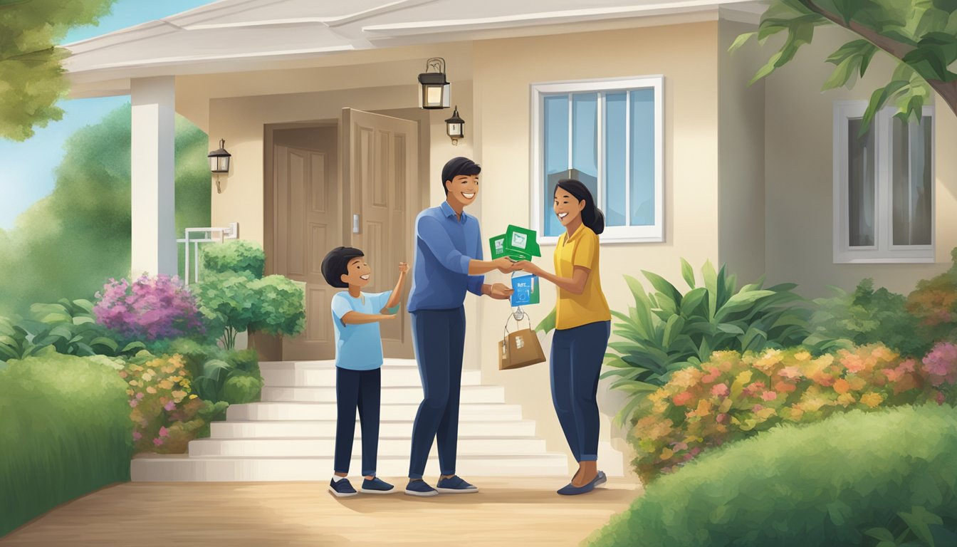 A family happily receives keys to a new home from a Standard Chartered Bank representative. The bank's logo is prominently displayed on documents and a sign