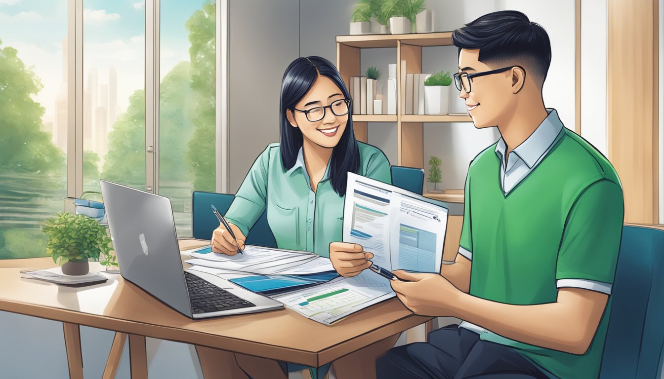A couple sits at a table reviewing paperwork, a laptop open with the Standard Chartered Bank logo displayed. A calculator and pen are nearby, along with a brochure for home loans in Singapore