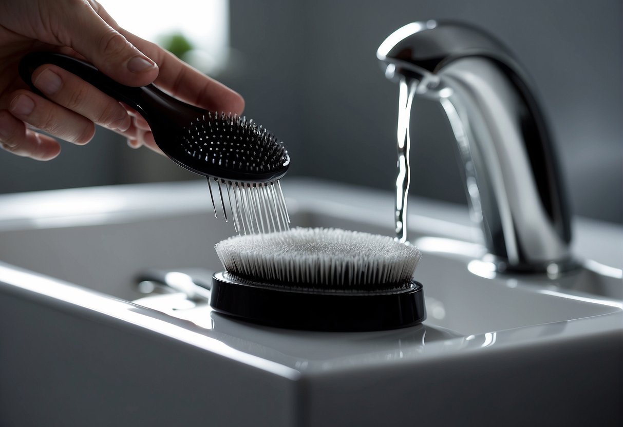 A hand pours shampoo onto a hairbrush, then uses a comb to remove hair and debris. The brush is rinsed under running water and left to air dry