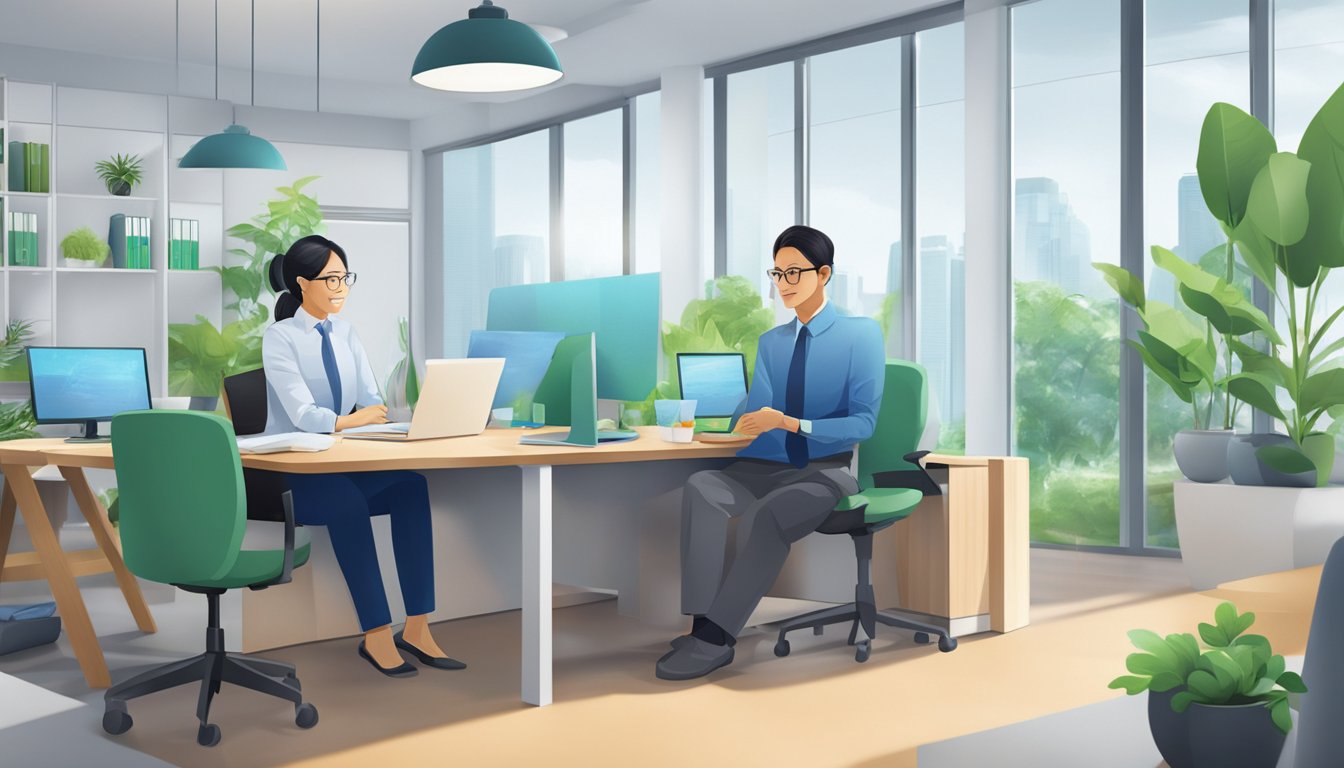 A customer service representative at Standard Chartered Bank Singapore answers FAQs about home loans in a modern office setting