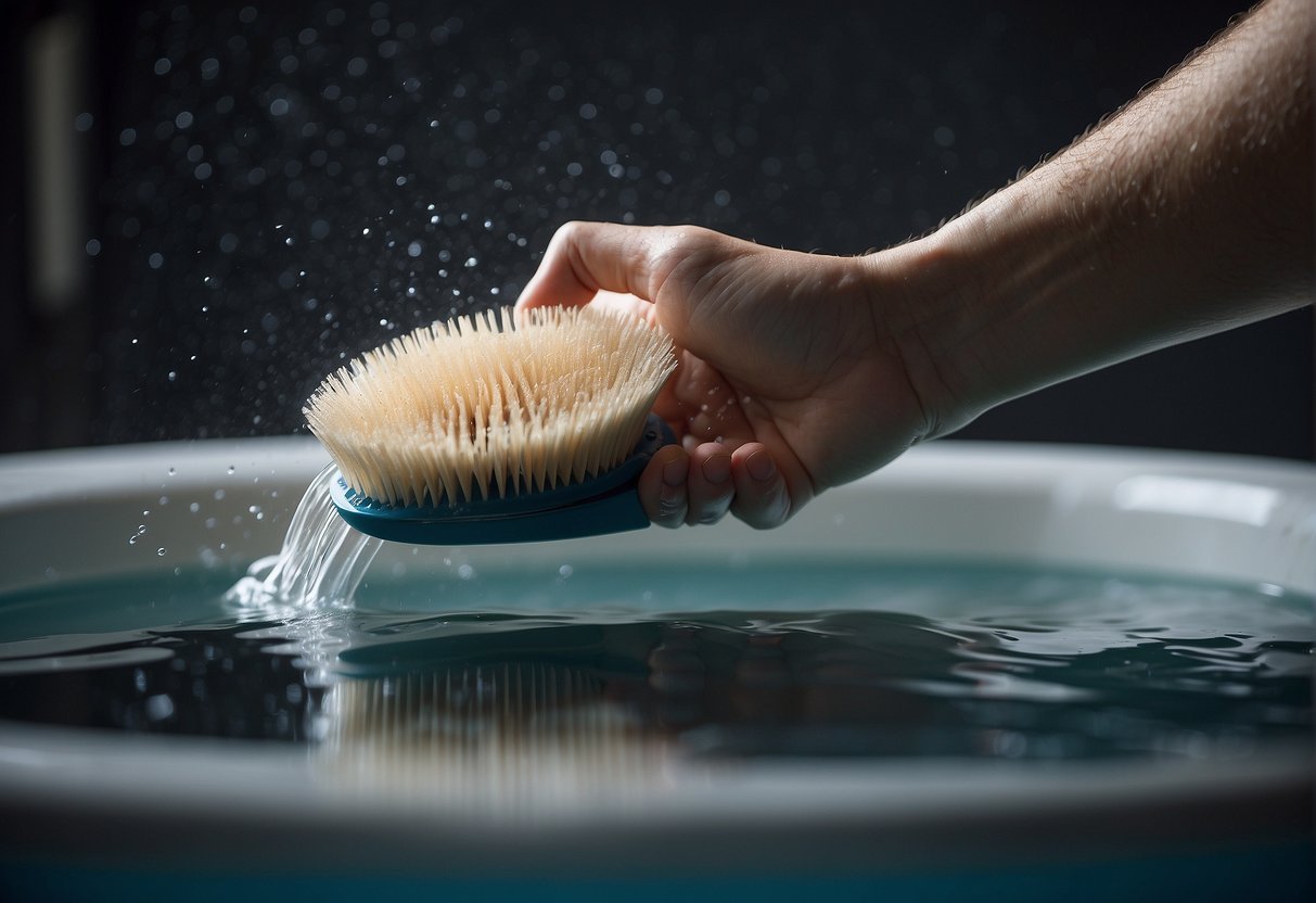 A hand holding a dirty hairbrush under running water, scrubbing with soap and a brush, then rinsing and letting it air dry