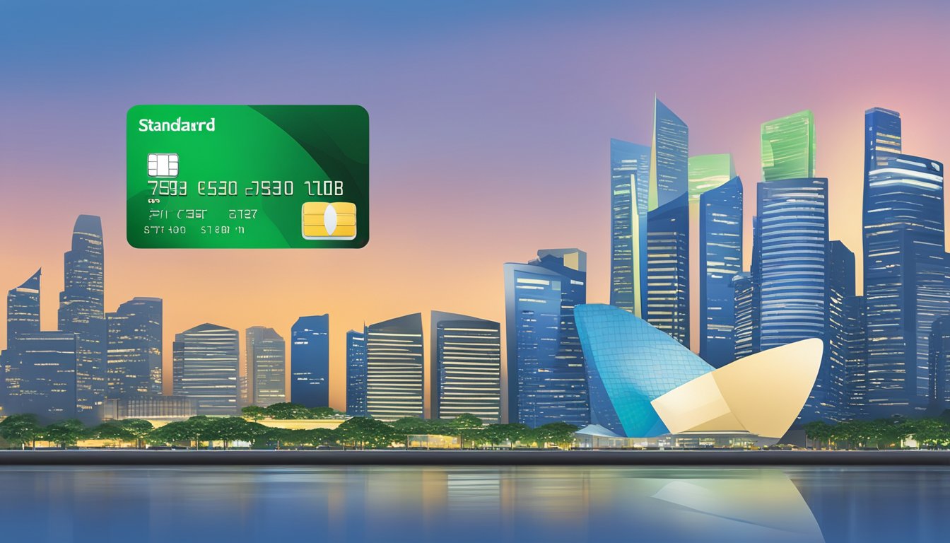 A sleek and modern credit card with the Standard Chartered Bank logo, set against the iconic Singapore skyline as a backdrop