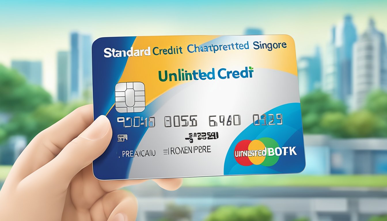 A hand holding a standard chartered bank credit card with the words "Unlimited Credit Card Singapore" on it. The card is against a clean, modern background