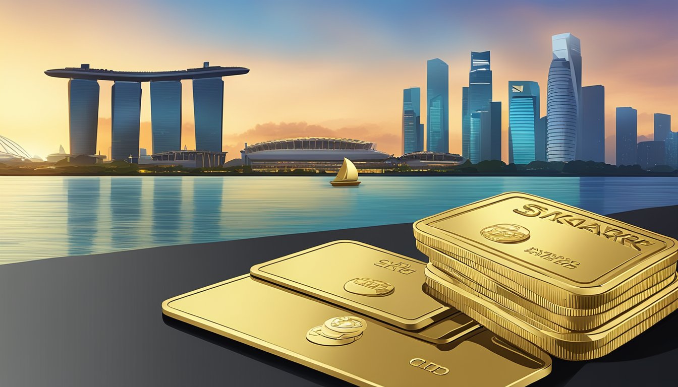 A stack of gold coins and a pile of luxurious rewards sit next to a sleek Standard Chartered Bank Unlimited Credit Card against a backdrop of the Singapore skyline