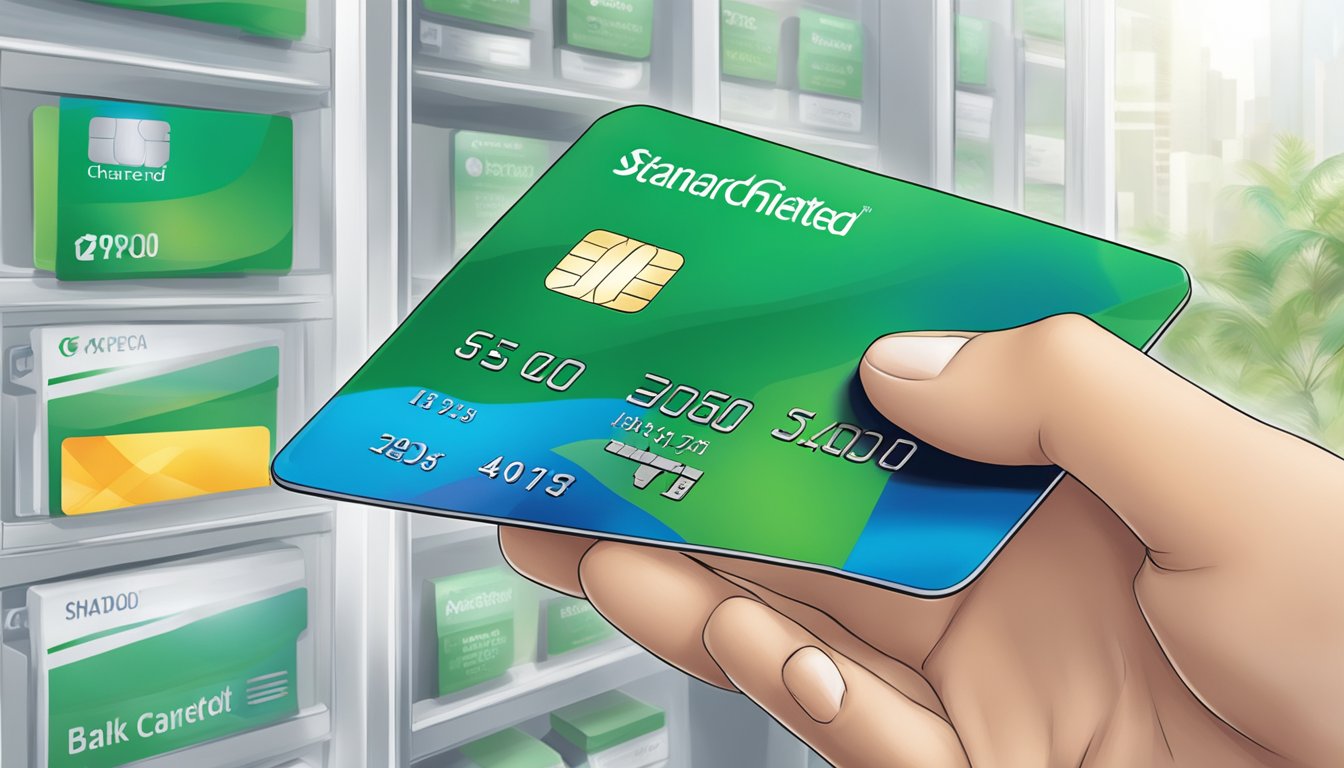 A standard chartered bank unlimited credit card is being used for a transaction in Singapore