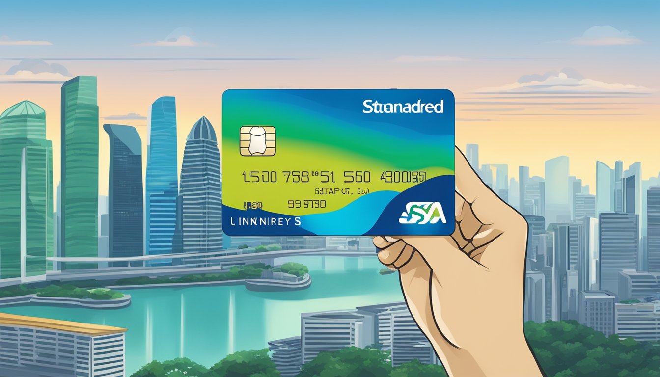A hand holding a Standard Chartered Bank Unlimited Credit Card, with the Singapore skyline in the background