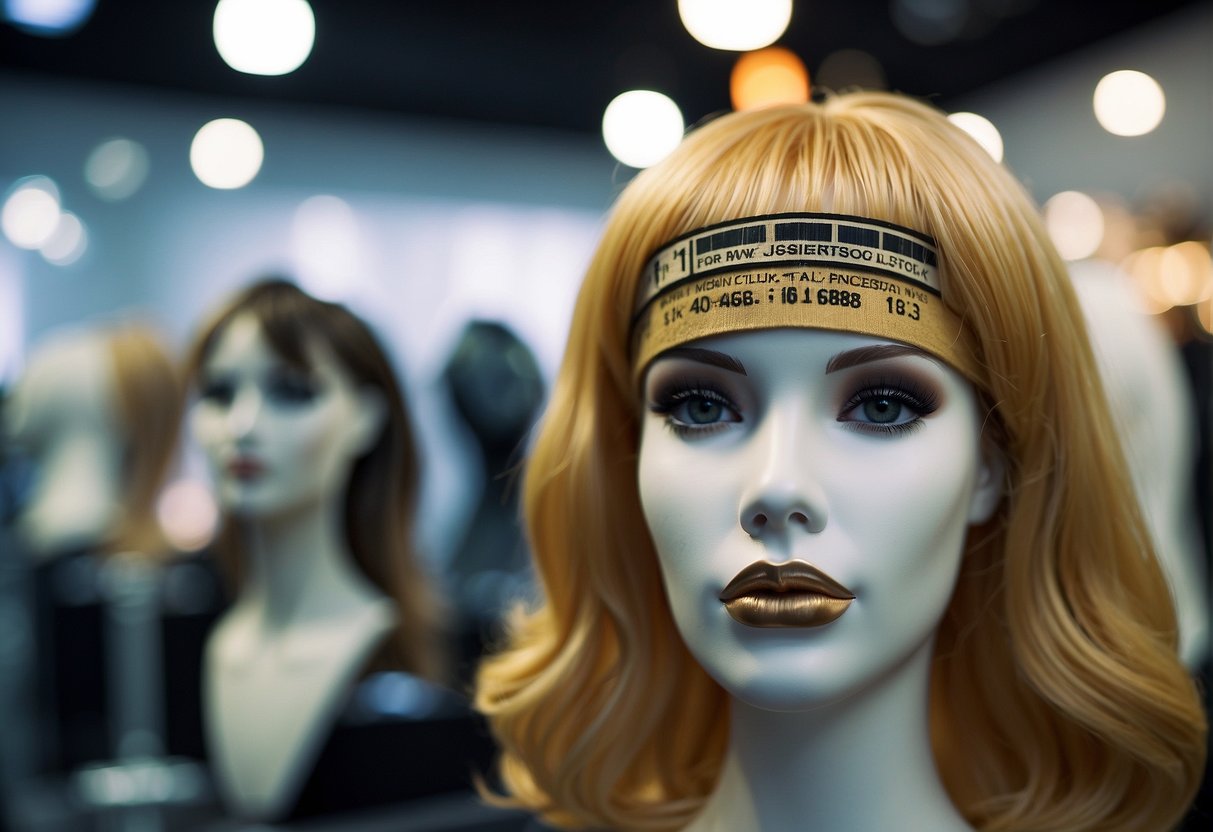 A price tag hanging from a wig on a mannequin head