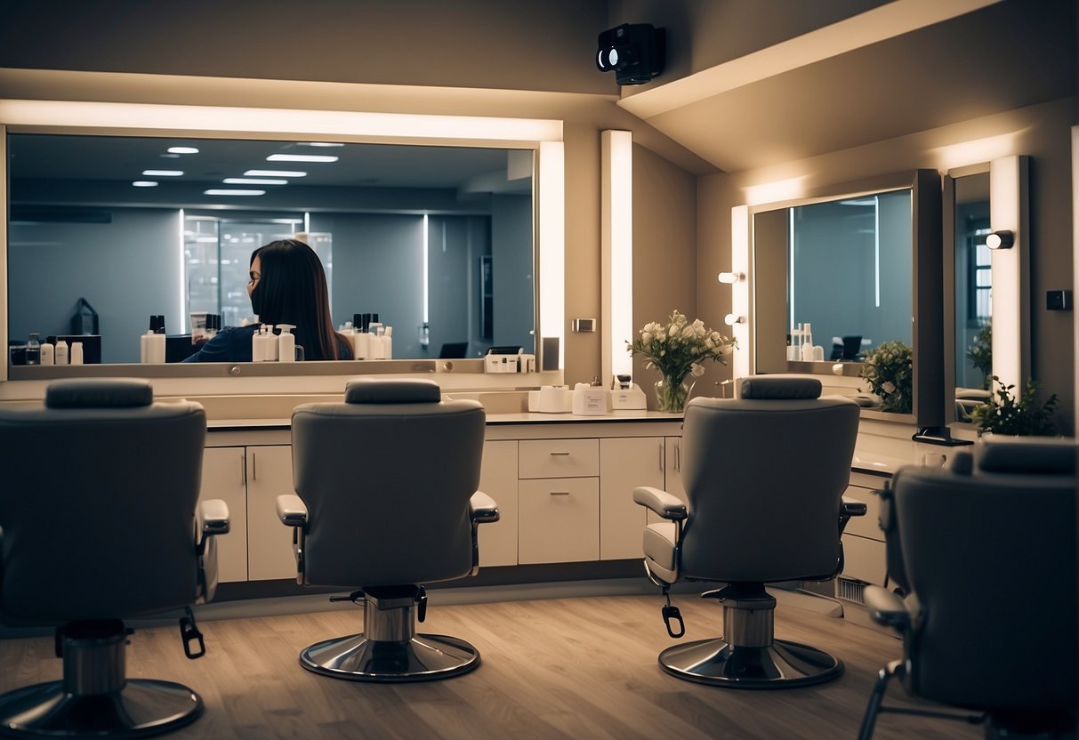 A person sitting in a chair at a hair treatment center, with various hair treatment options and procedures displayed on the wall
