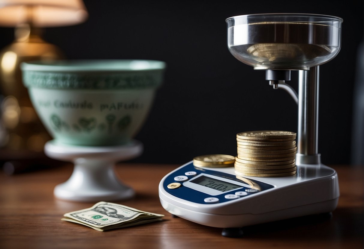 A scale weighing money and a scale weighing quality, with a price tag on a wig in the middle