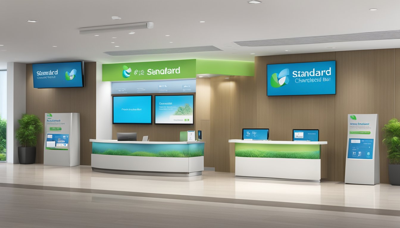 A modern, sleek bank branch in Singapore, with the Standard Chartered logo prominently displayed. The bonus saver account promotion is highlighted on digital screens and pamphlets