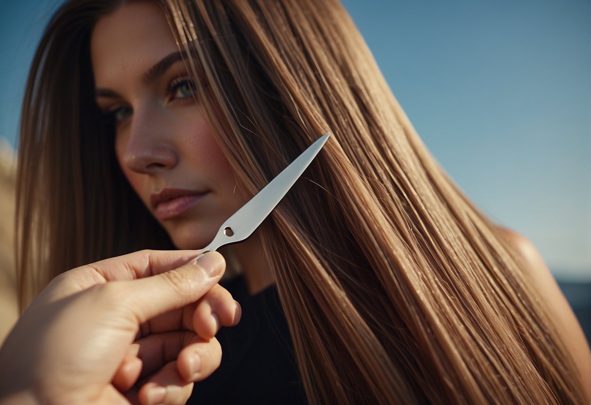 A pair of scissors cutting through layers of hair, creating a textured and voluminous look