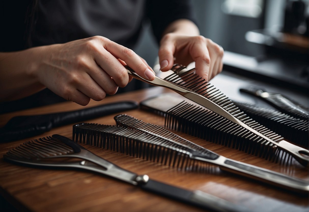 A stylist holds scissors and combs, preparing to cut hair in layers
