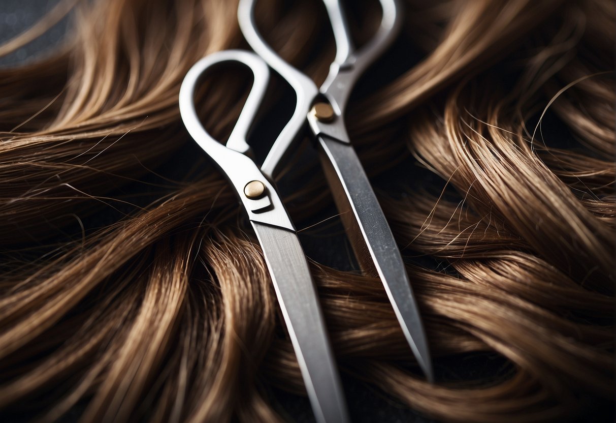 A pair of scissors cutting through layers of hair, creating a textured and layered look