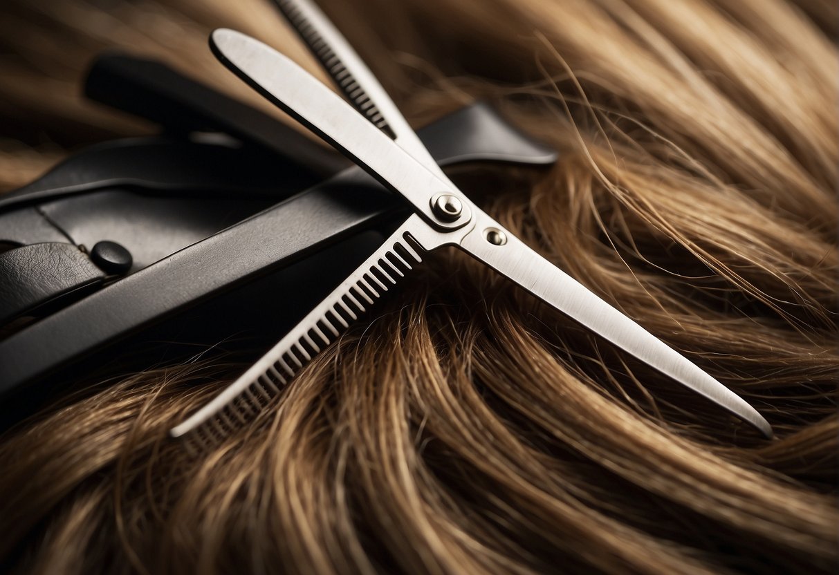 A pair of scissors cutting through layers of hair, with a comb guiding the hair into sections