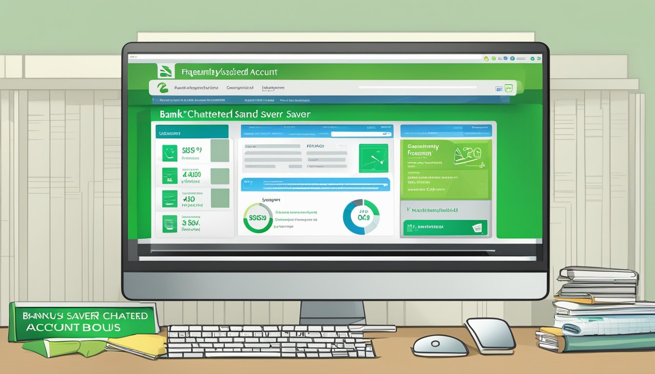 A bank logo on a computer screen with the words "Frequently Asked Questions Standard Chartered Bonus Saver Account Singapore" displayed prominently