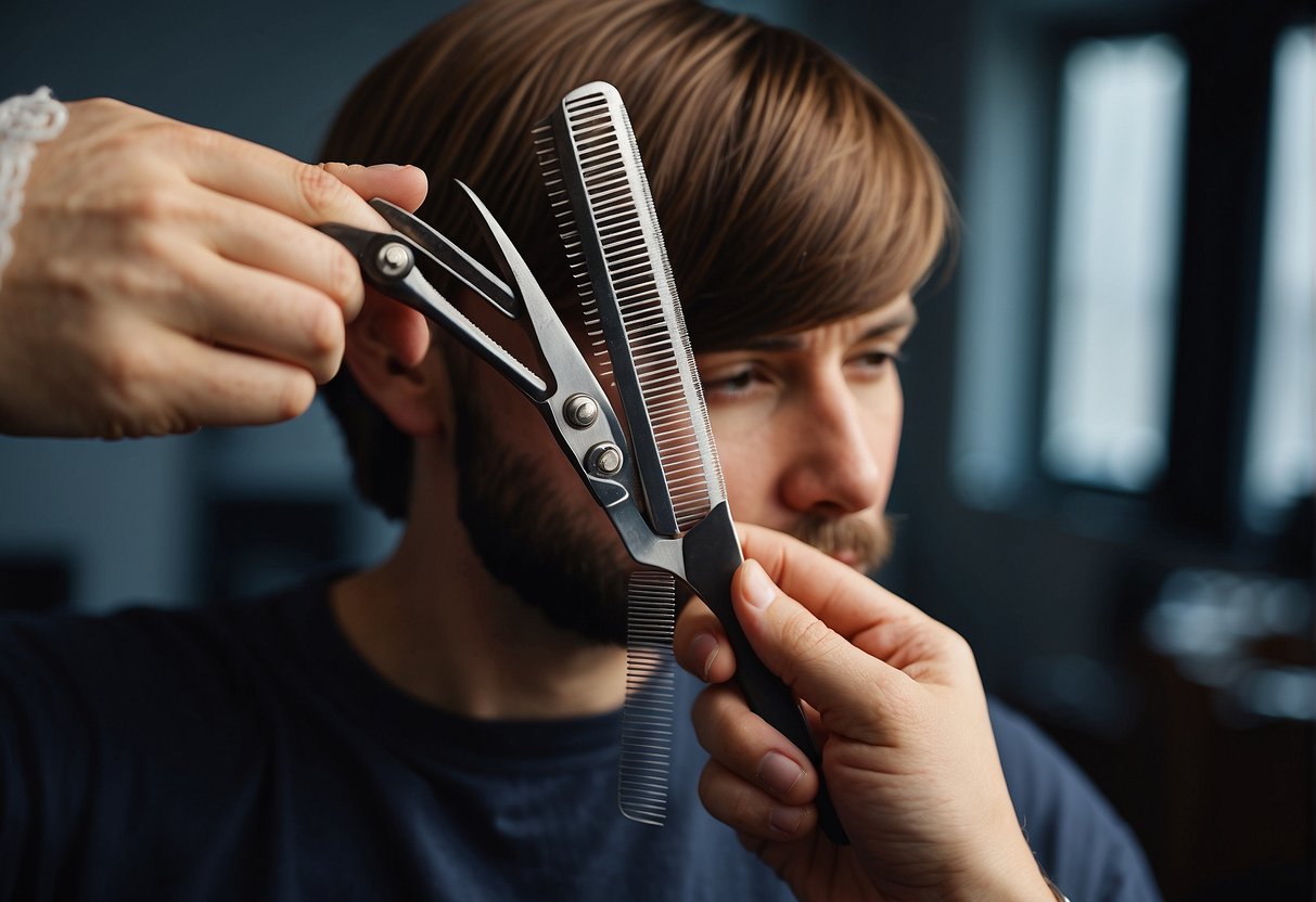 A person cutting their hair into layers at home using scissors and a comb