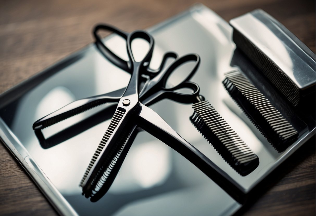 A pair of scissors, a comb, and a mirror on a table. Hair sectioned into layers. Instructions on a sheet of paper