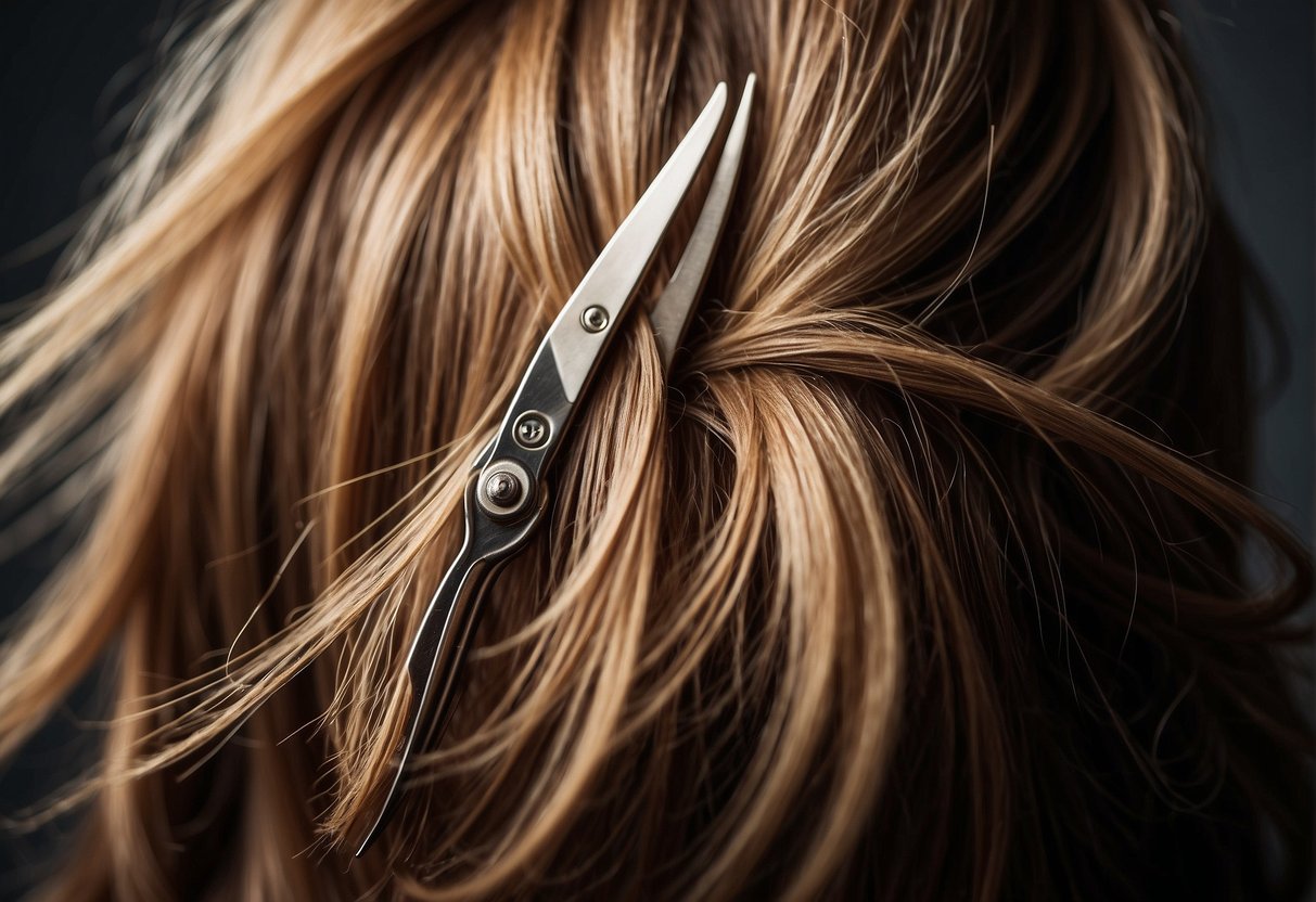 A pair of scissors cutting through layers of hair, creating a textured and layered look