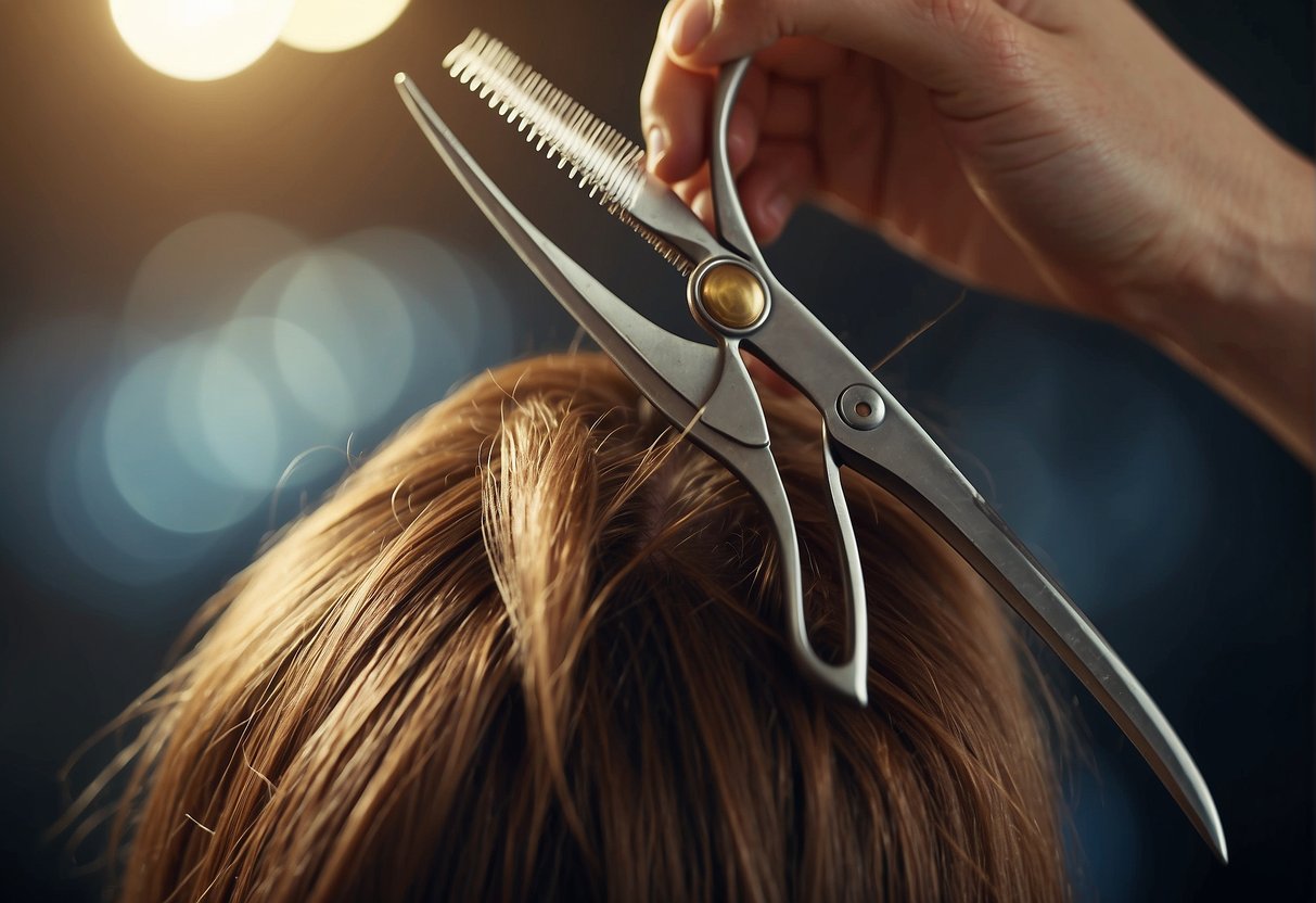 A pair of scissors cutting through a section of hair, creating layers. A comb is used to guide the hair for an even cut