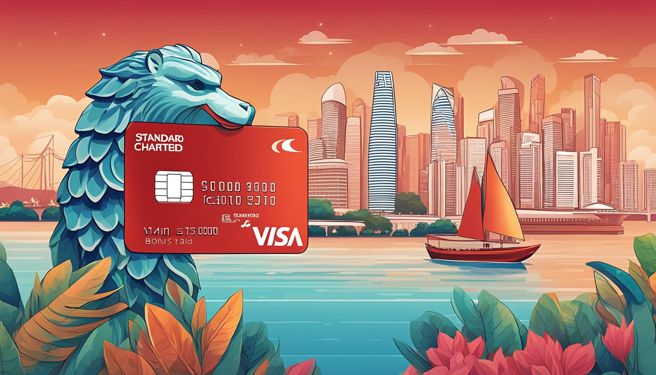 A bright red credit card with "Standard Chartered Bonus Saver" logo against a backdrop of iconic Singapore landmarks like Marina Bay Sands and the Merlion