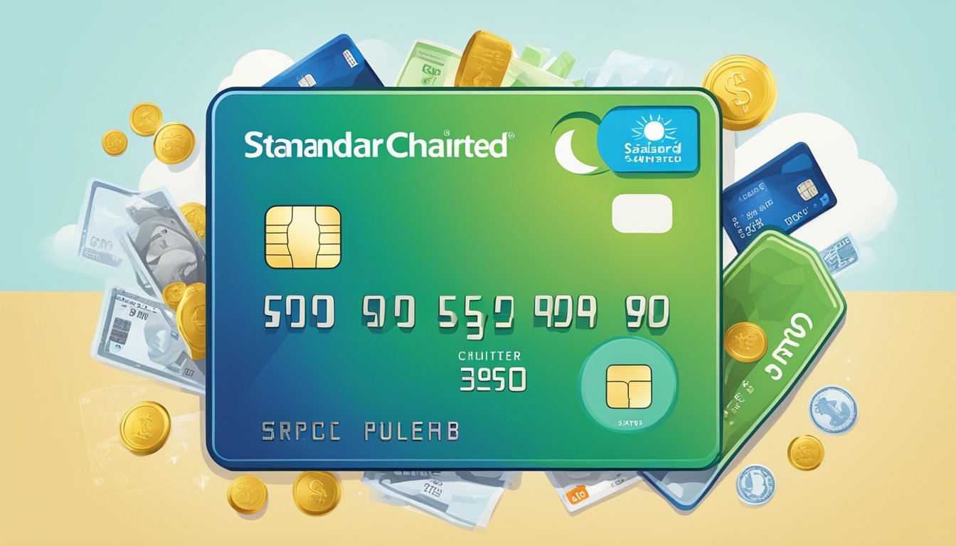 A credit card surrounded by financial icons and symbols, with the Standard Chartered logo prominently displayed