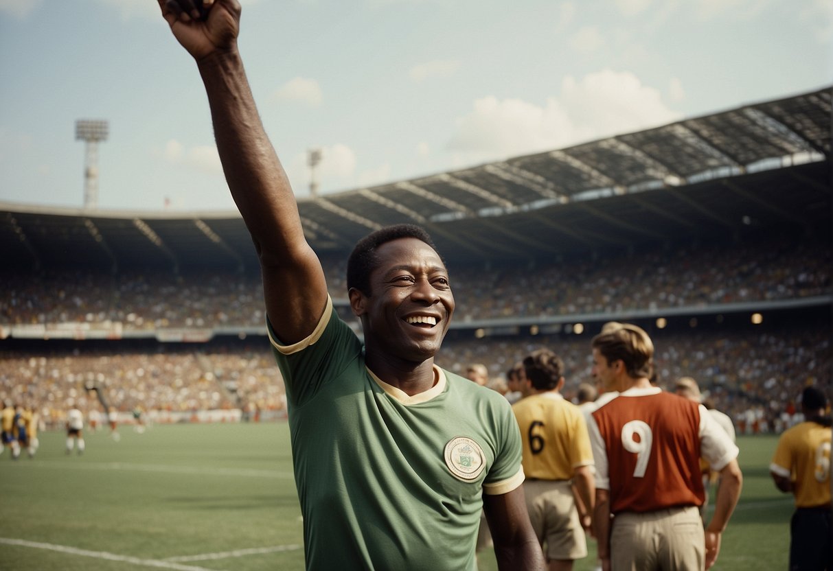 Pele is standing on a soccer field, surrounded by cheering fans and teammates, with a look of determination on his face