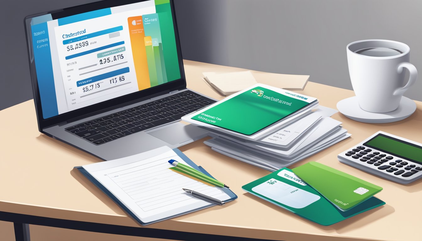 A stack of bank statements and a calculator on a desk, with a laptop open to a webpage displaying the Standard Chartered Bonus Saver credit card details
