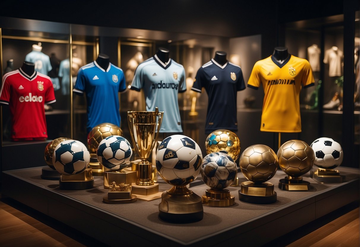 Pelé's legacy depicted through a series of soccer balls, jerseys, and trophies arranged in a museum exhibit