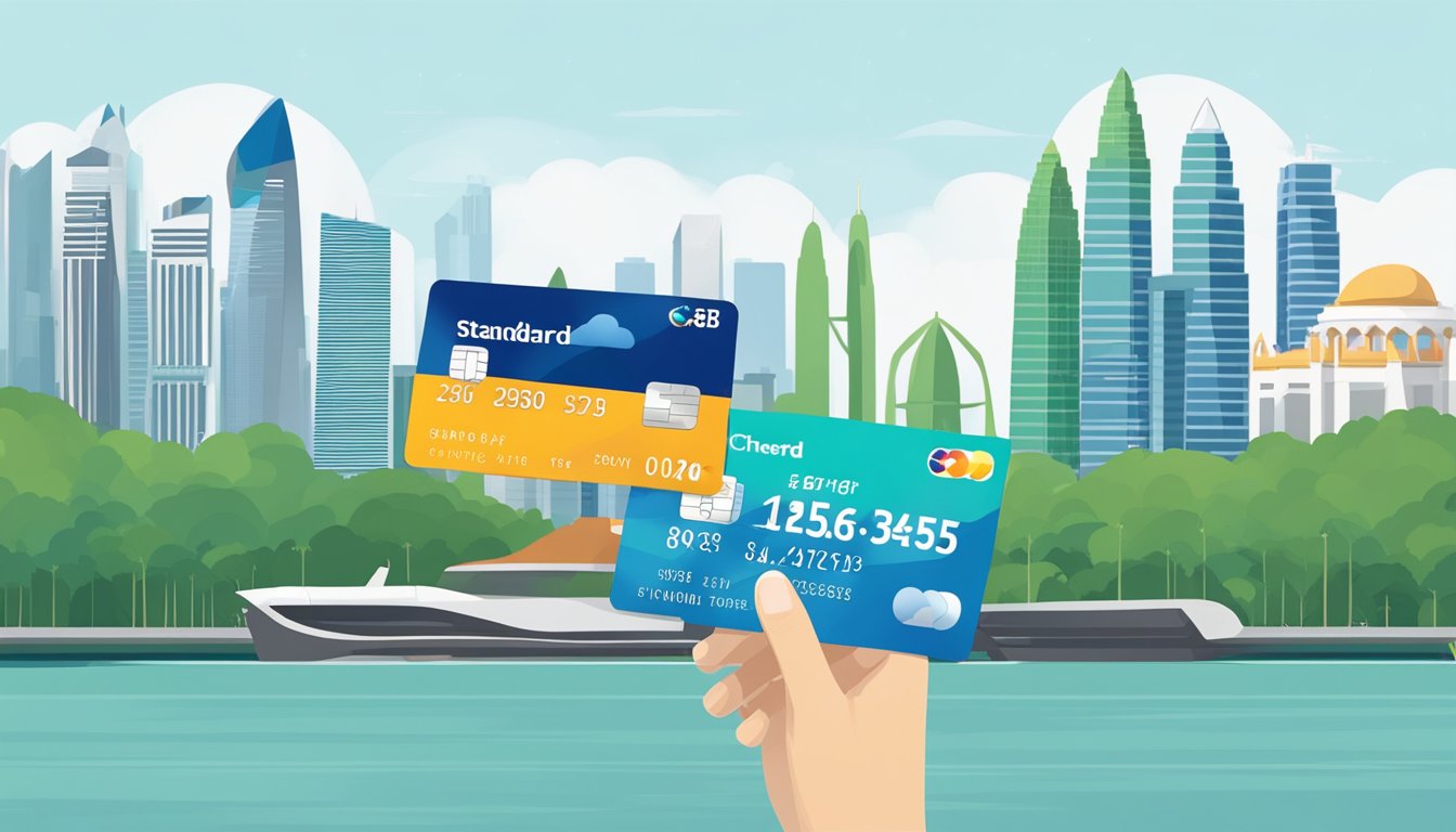 A hand holding a Standard Chartered Cash Back Credit Card in front of a Singapore skyline with iconic landmarks in the background