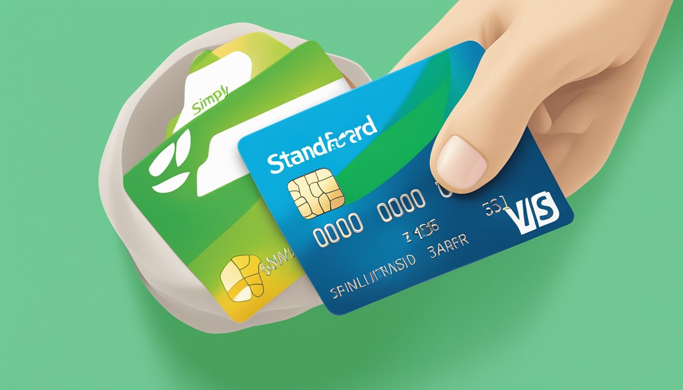 A hand holding the Standard Chartered Simply Cash Card, with the logo and key features prominently displayed
