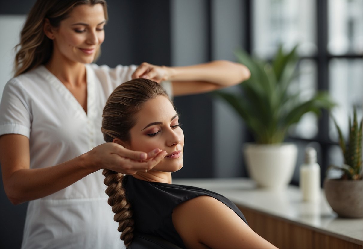 A woman's hair grows rapidly as she applies a nourishing hair mask and massages her scalp with essential oils
