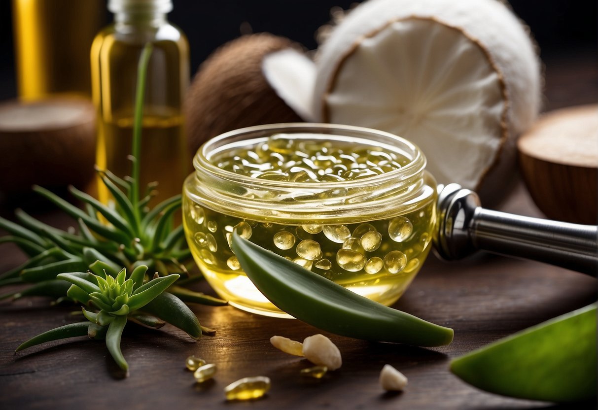 A bottle of hair growth serum surrounded by natural ingredients like aloe vera, coconut oil, and vitamins. A magnifying glass reveals the microscopic structure of a hair follicle