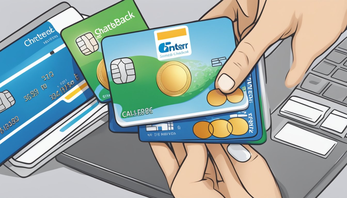 A person swiping a Standard Chartered cash back credit card in Singapore, with images of rewards and cashback appearing on the card