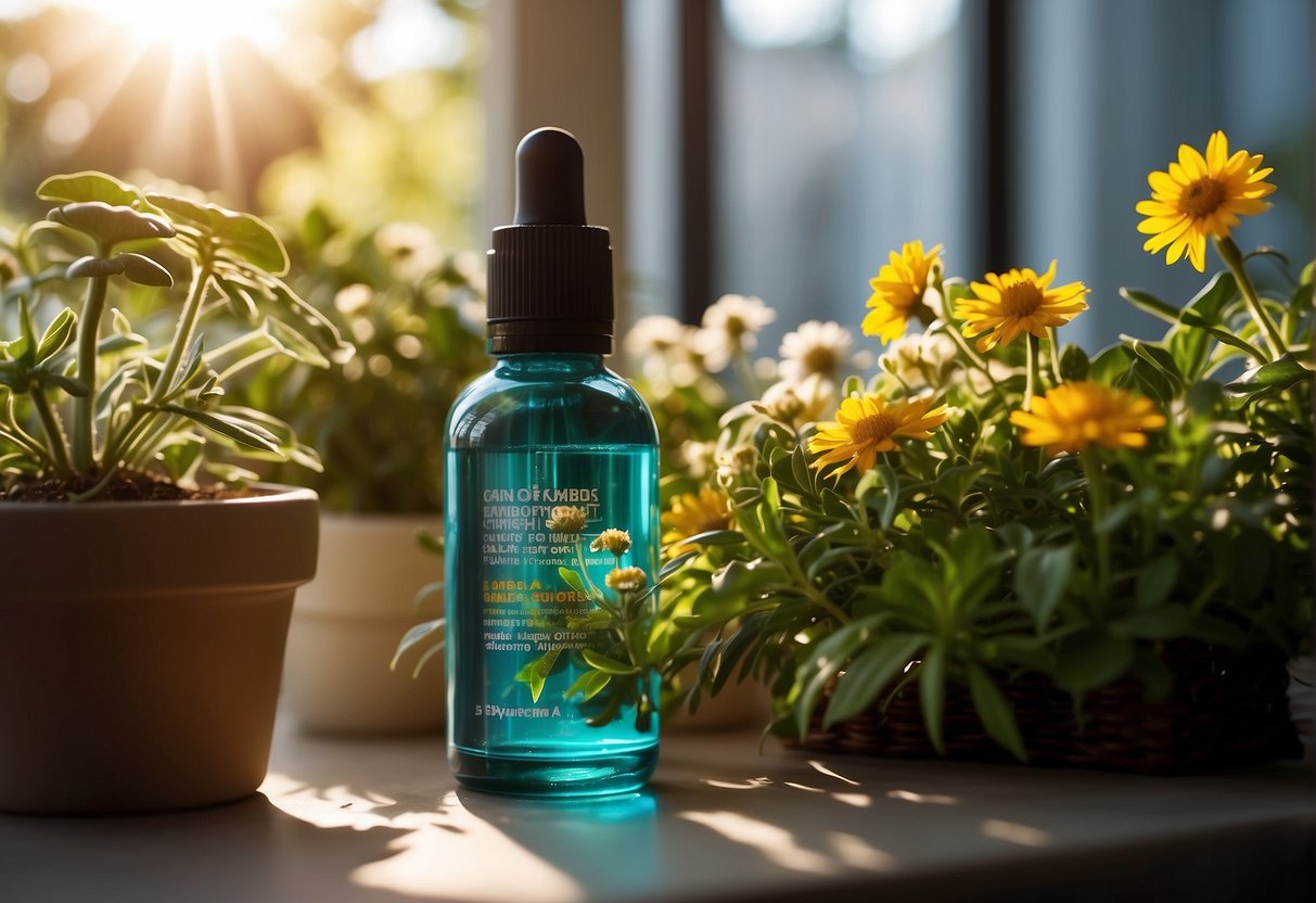 A bottle of hair growth serum surrounded by vibrant, healthy-looking plants and flowers, with rays of sunlight streaming in through a window