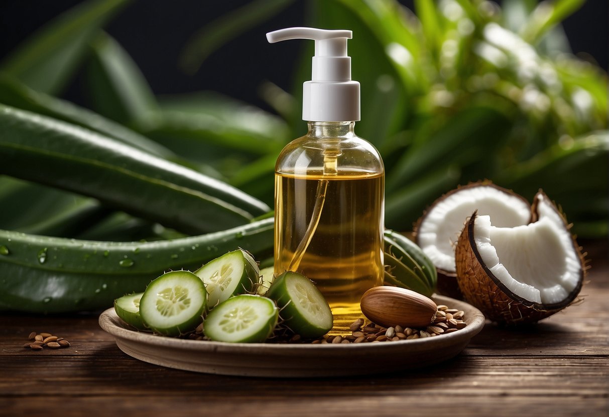 A bottle of hair growth serum surrounded by various natural ingredients like aloe vera, coconut oil, and vitamins