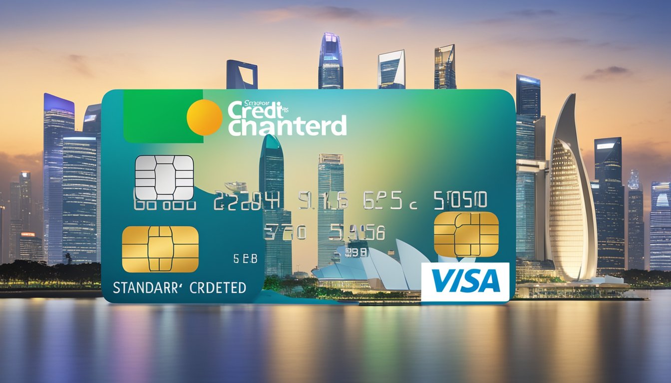 A credit card surrounded by various fees and charges, with a prominent "Standard Chartered Cash Back Credit Card" logo, set against the backdrop of the Singapore skyline