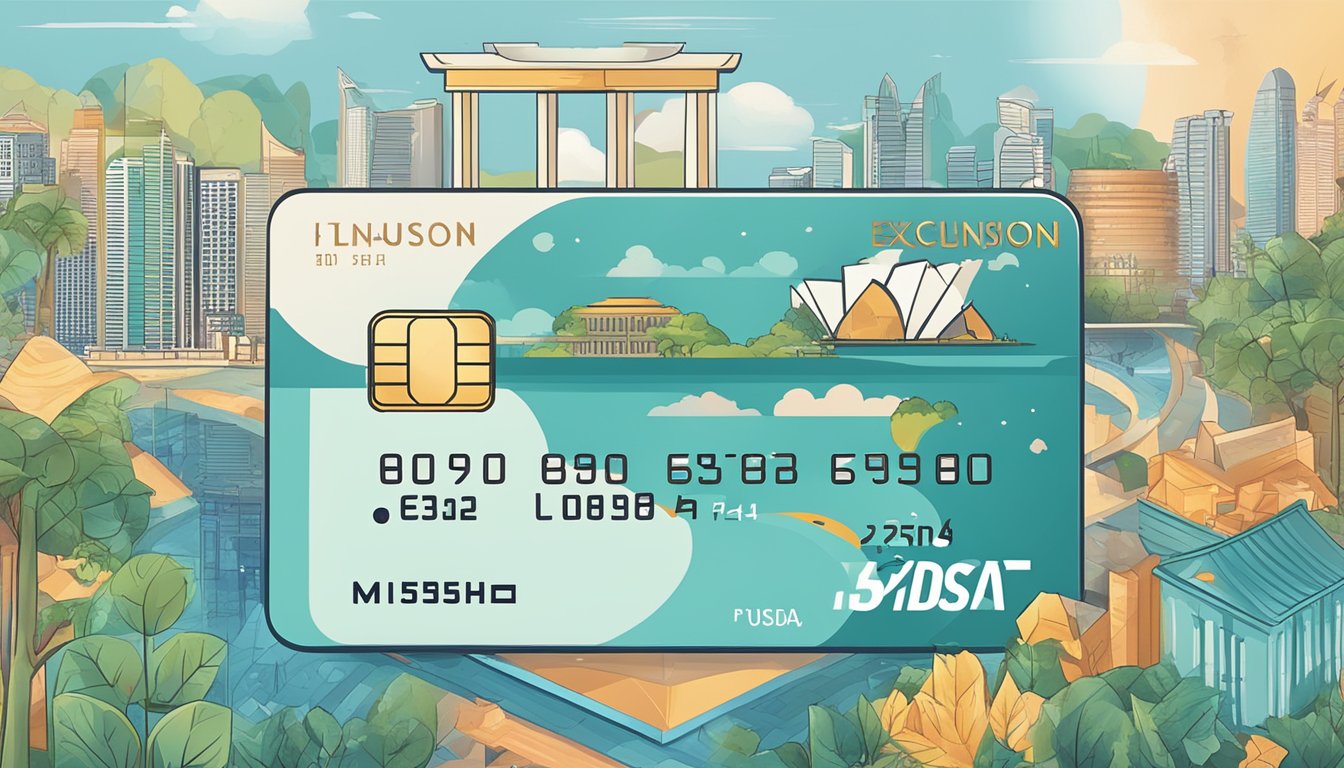 A credit card with "Exclusions and Limitations" text displayed, surrounded by Singaporean landmarks and symbols
