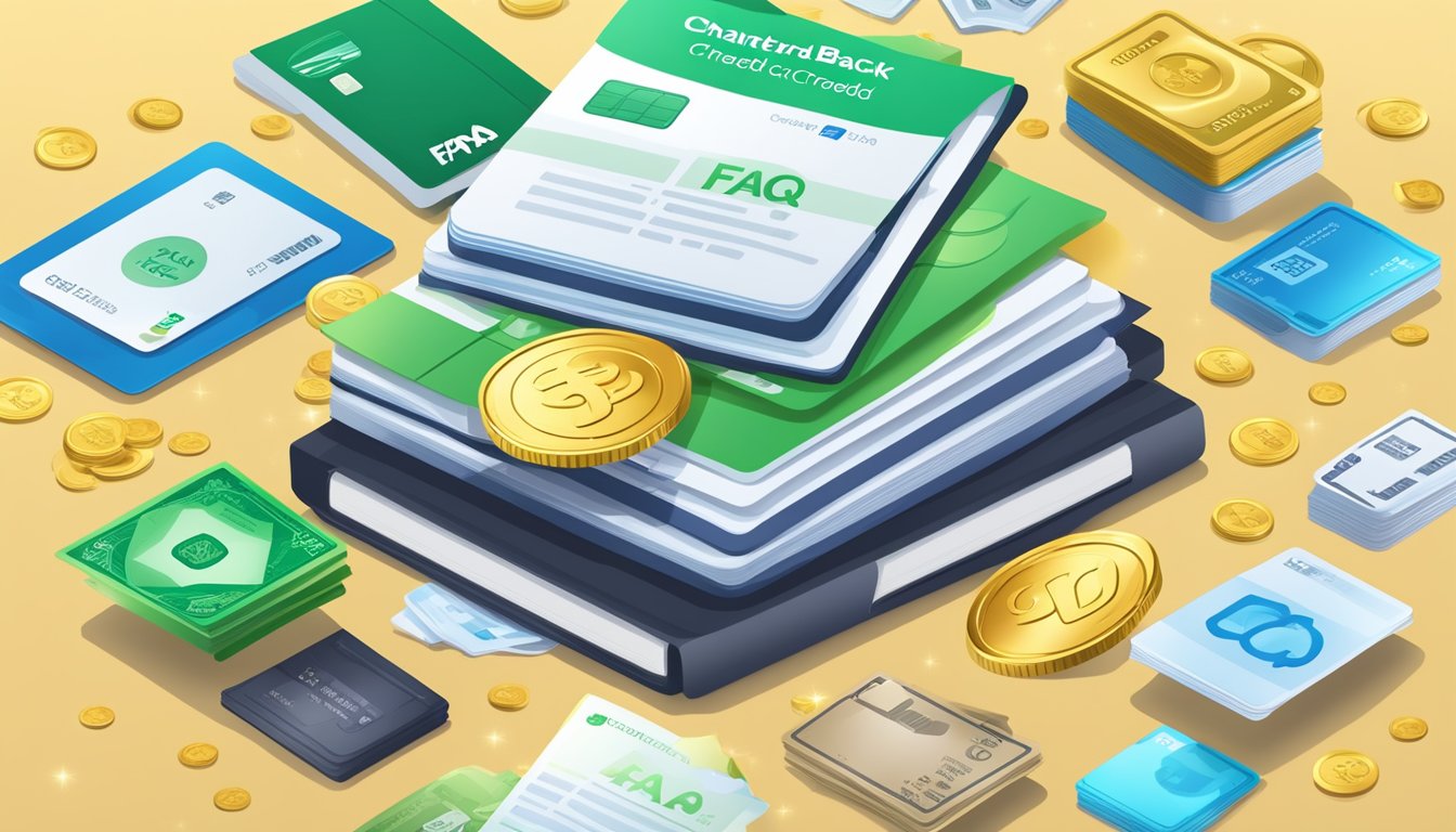 A stack of FAQ documents with the Standard Chartered Cash Back Credit Card logo, surrounded by a variety of cash back rewards and benefits icons