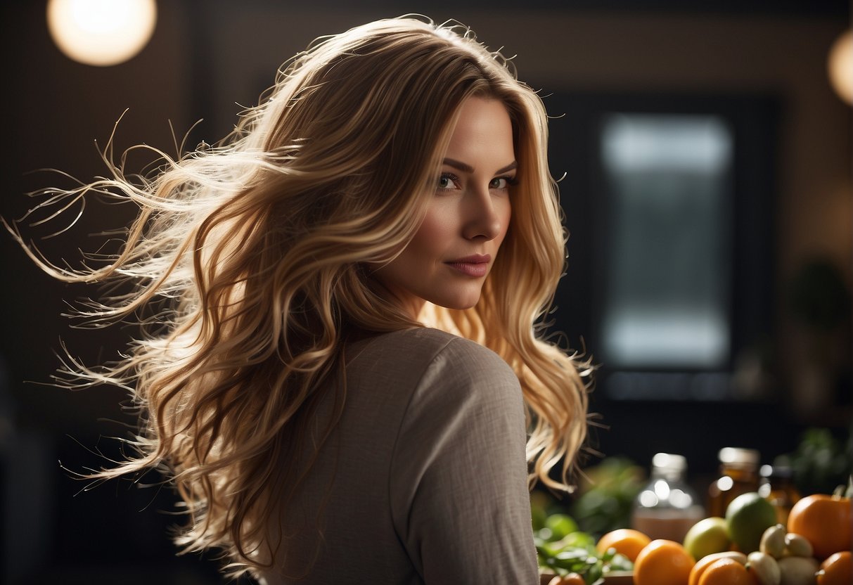 A woman's hair flowing and growing rapidly, surrounded by nourishing foods and hair care products